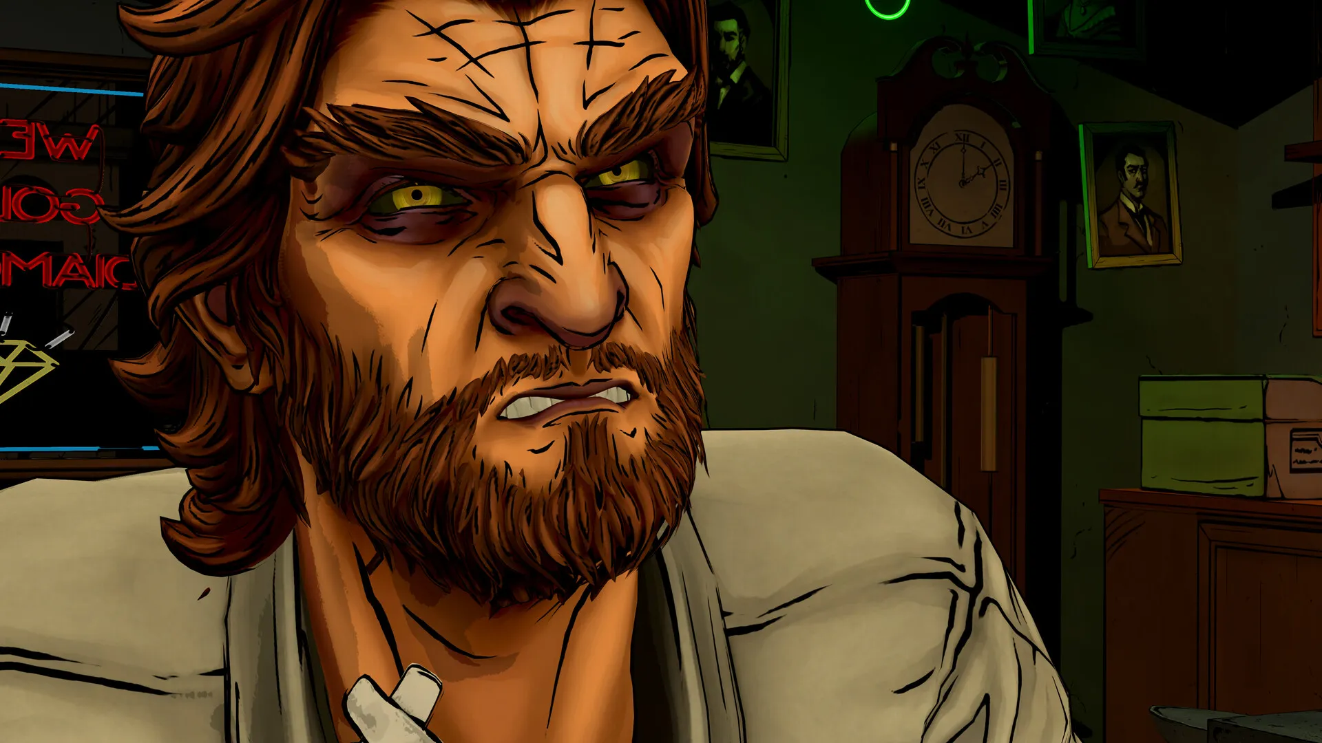 Close-up of Bigby Wolf, bearded with a scarred face and yellow eyes, glaring in a dim room with a grandfather clock behind him.