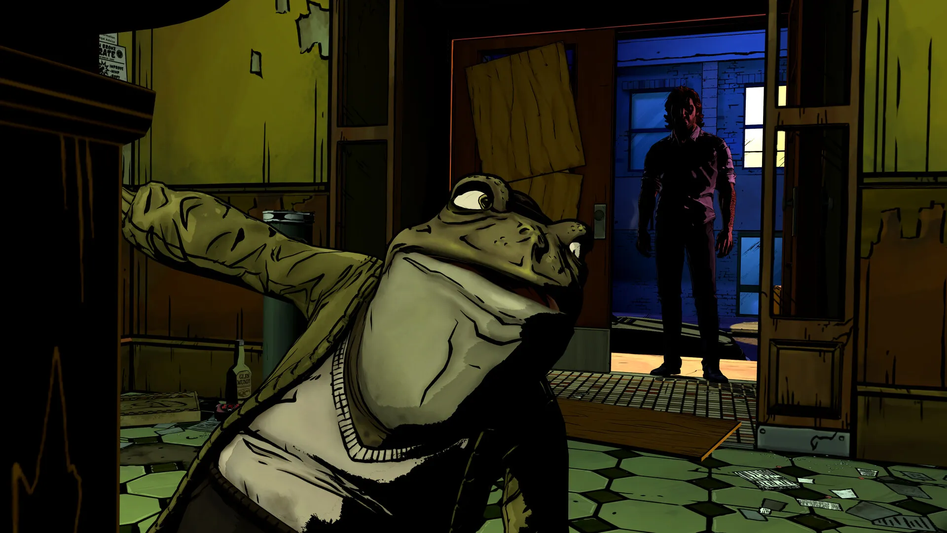 A large green toad-like figure in a jacket recoiling in a dim apartment doorway while a silhouetted man stands in the lit hallway behind.
