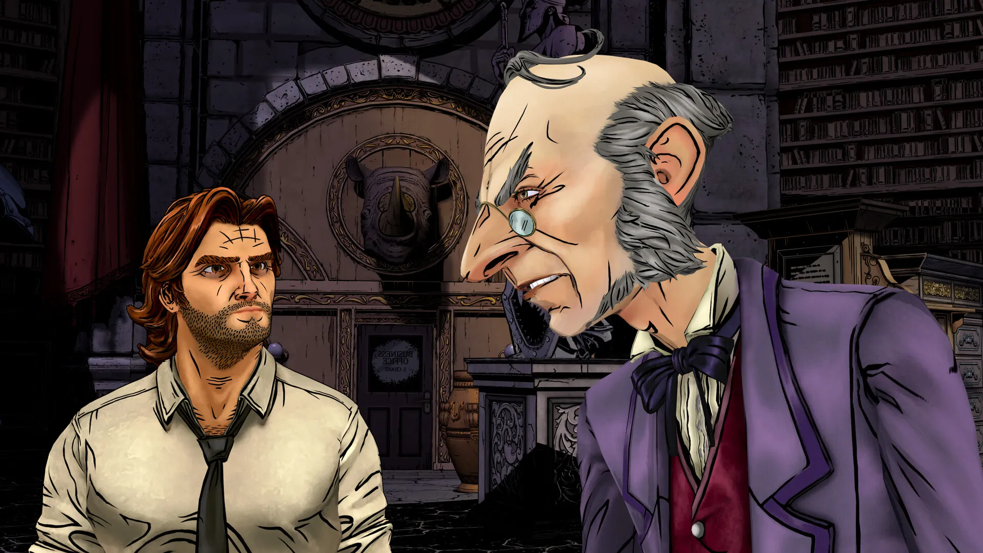 Bigby Wolf in a white shirt and tie facing an elderly, balding man with white sideburns, a purple coat, and a red waistcoat in an ornate office.