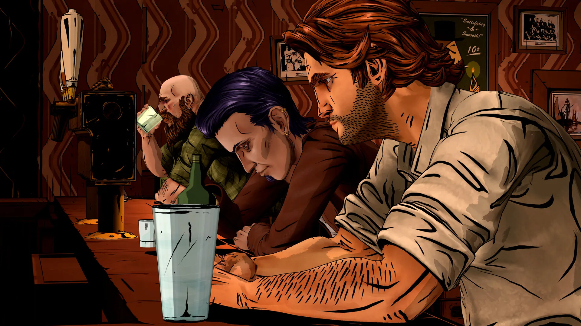 Bigby Wolf leaning over a bar counter with a drink in a dark wood-panelled room while other patrons sit nearby.